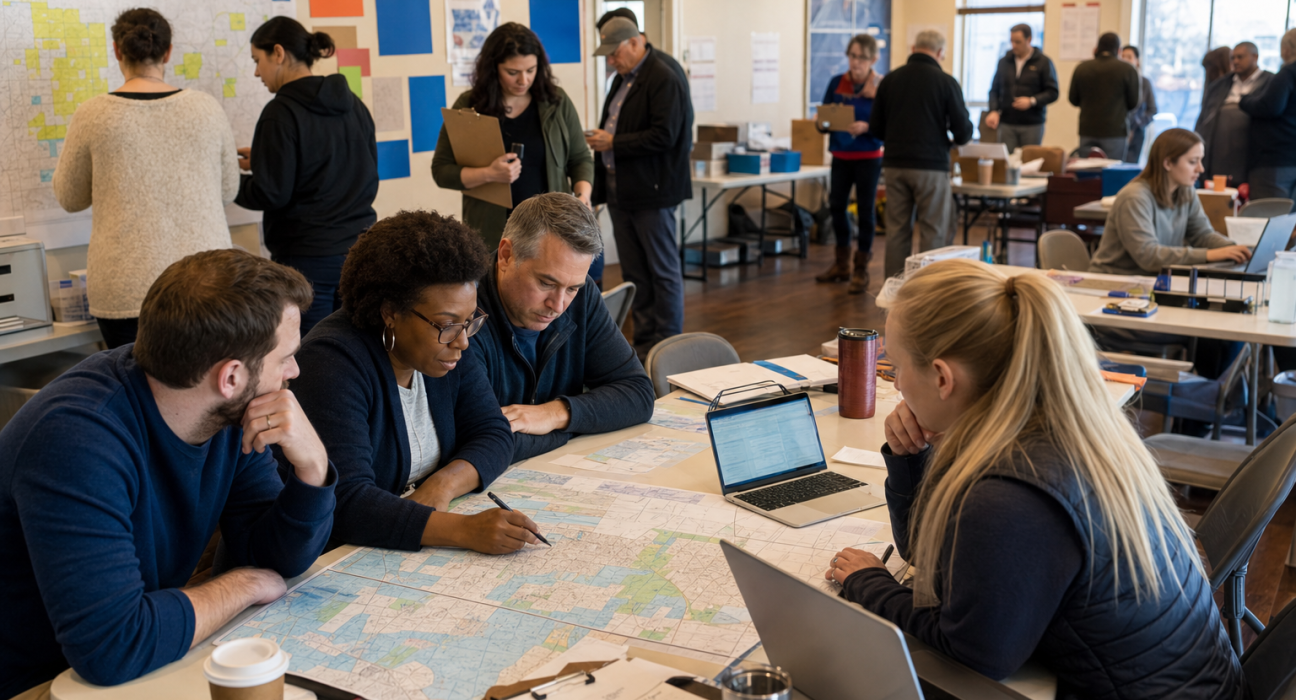 Campaign staff reviewing turnout maps inside a field office