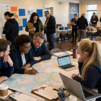Campaign staff reviewing turnout maps inside a field office