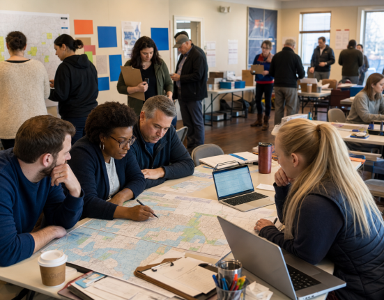 Campaign staff reviewing turnout maps inside a field office